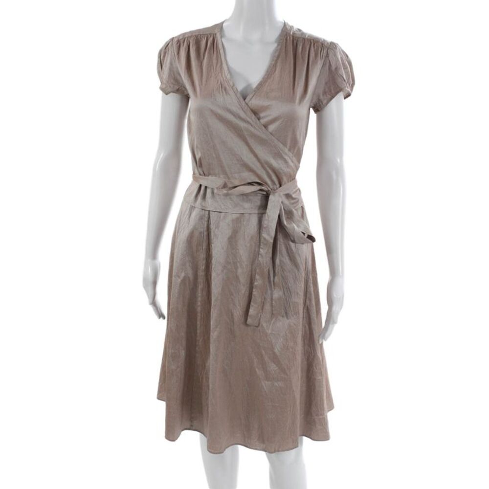 Calypso Womens Wrap Dress Silk Beige V Neck Short Sleeve Tie Waist Long Size 0